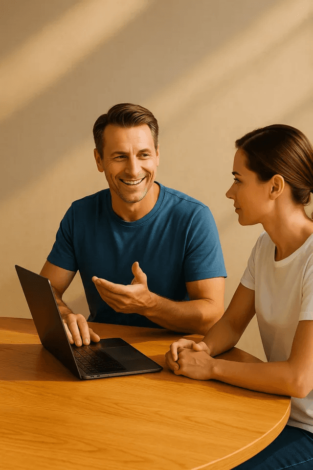 Two people talking at a table beside an open laptop