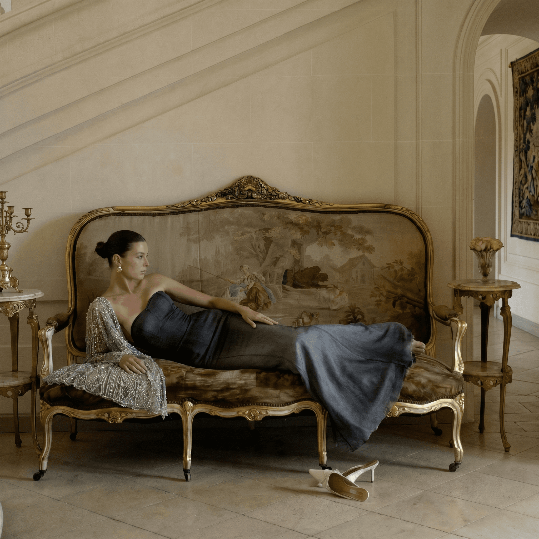 Luxury couture evening dress in silk with handcrafted details, worn by model on antique sofa in elegant Parisian-style interior for high fashion campaign.