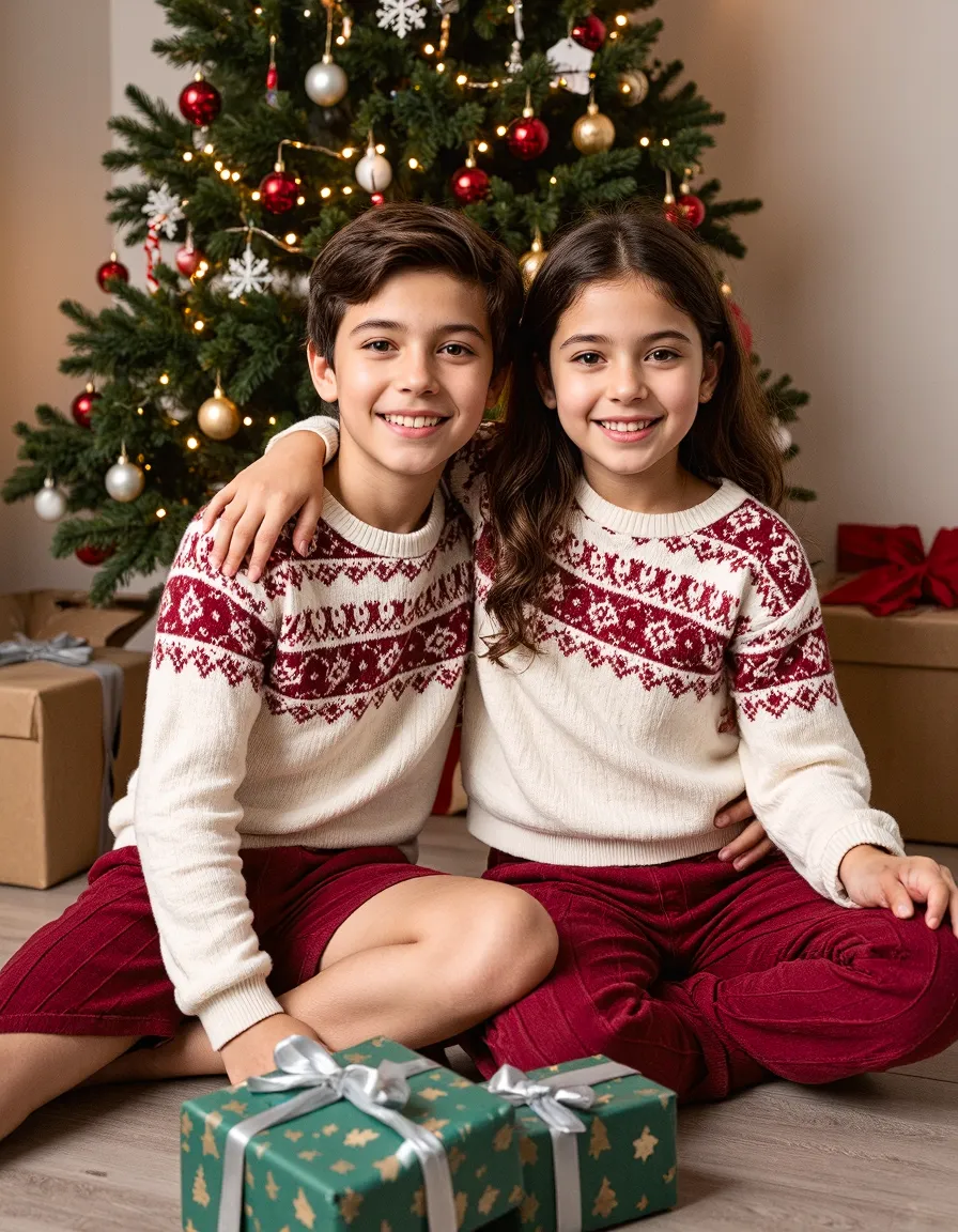 Two children in matching red and white holiday sweaters sitting by decorated Christmas tree with wrapped presents