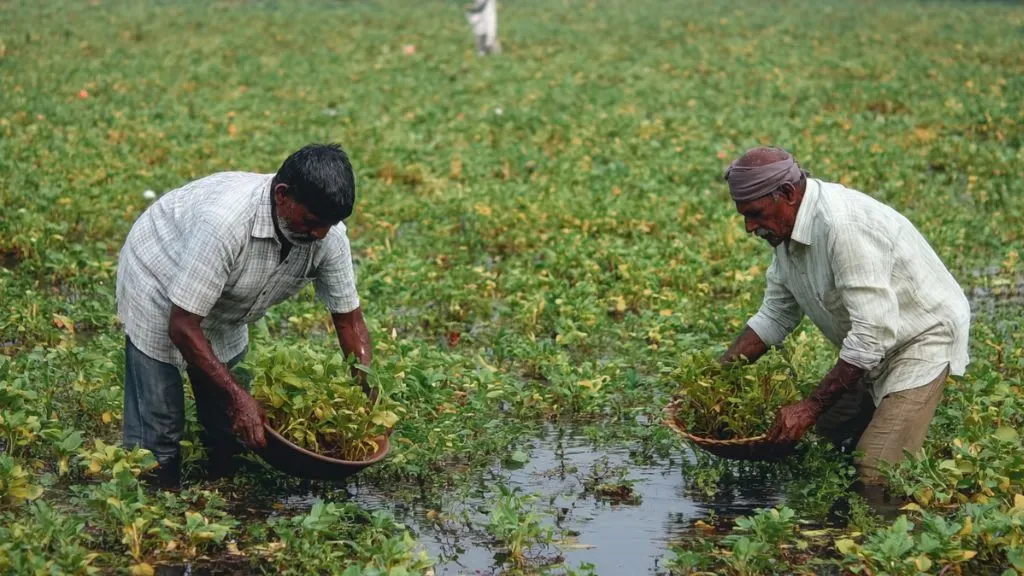 Indian farmers Cultivating Makhana in Pond
