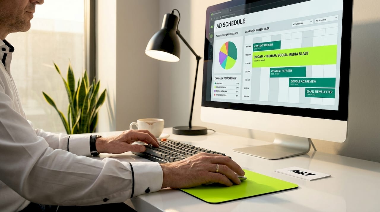 Hands working on ad schedule software at office desk