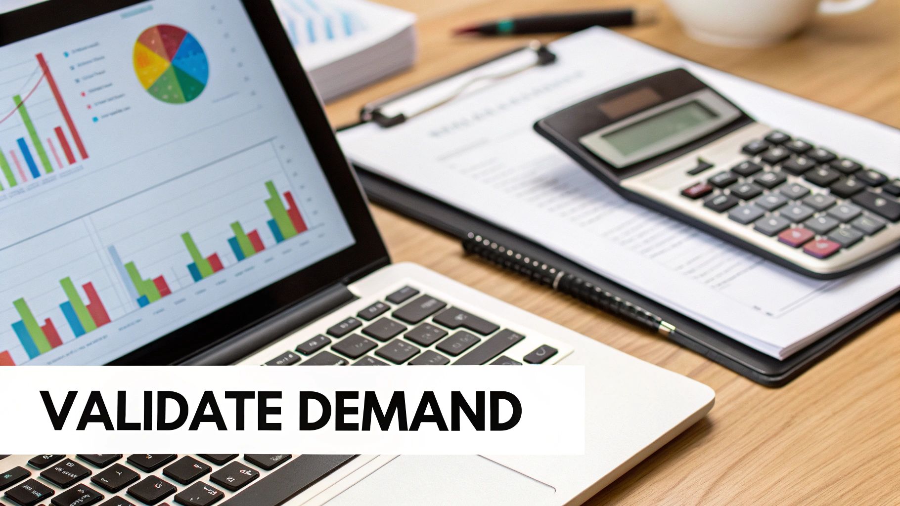 Business desk with laptop displaying colorful charts, calculator, and financial documents for demand validation analysis
