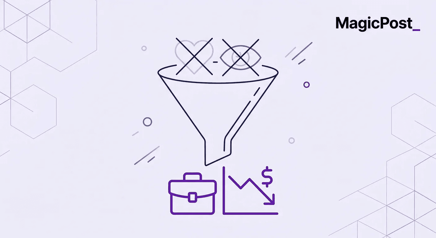 An illustration with a funnel blocking likes and views in favor of cost-per-hire and pipeline, highlighting the metrics leadership cares about when measuring LinkedIn employee branding ROI