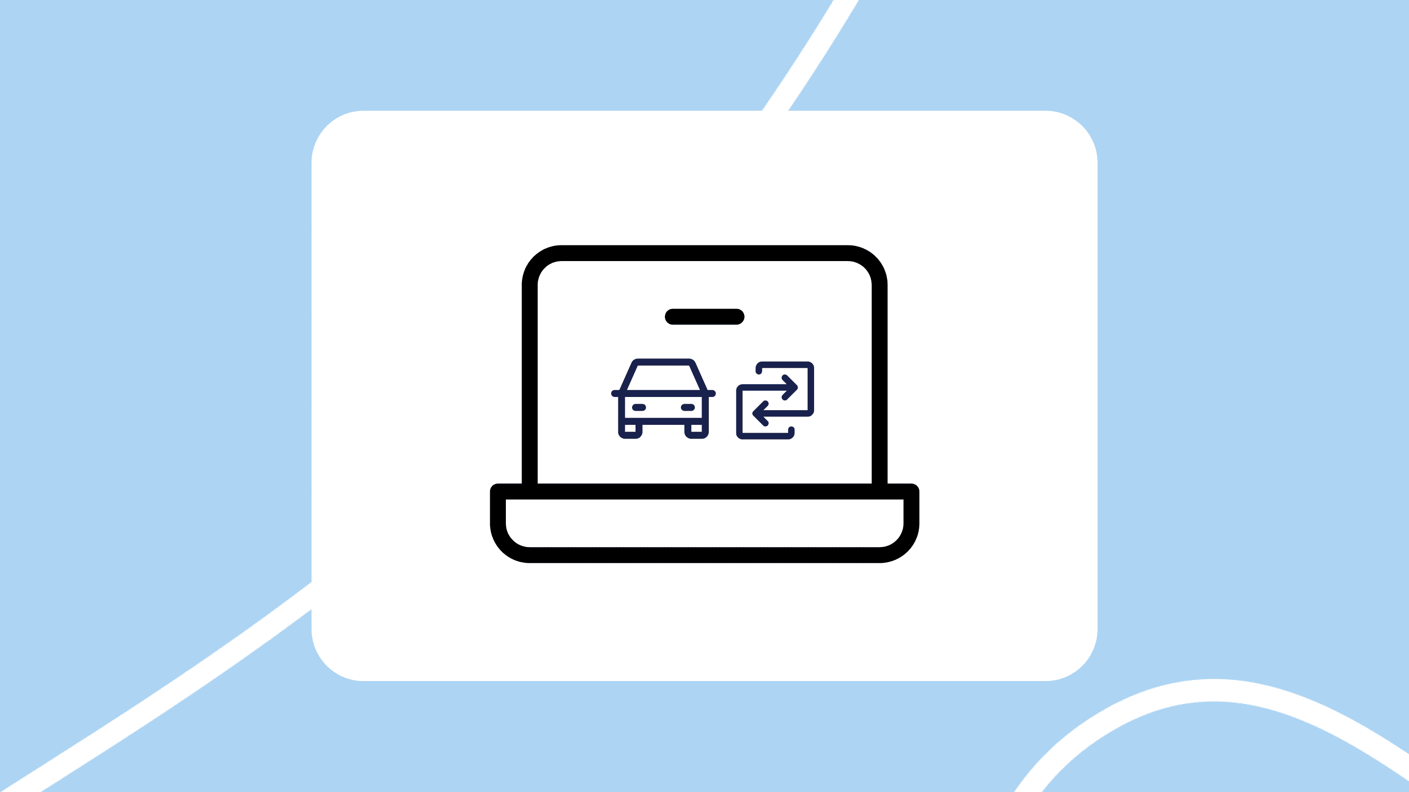 Portátil con icono de un coche y flechas de transferencia, representando la transferencia de coche online
