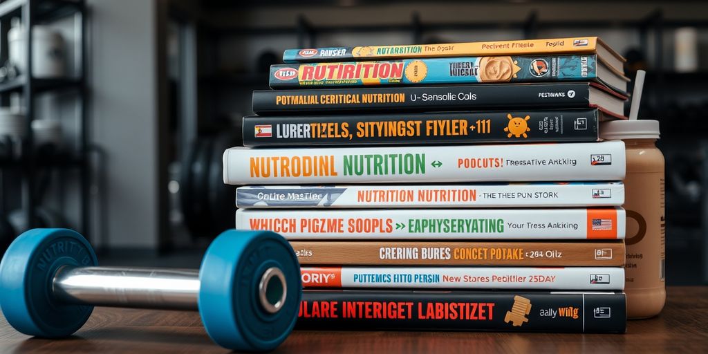 Nutrition books with dumbbell and protein shake