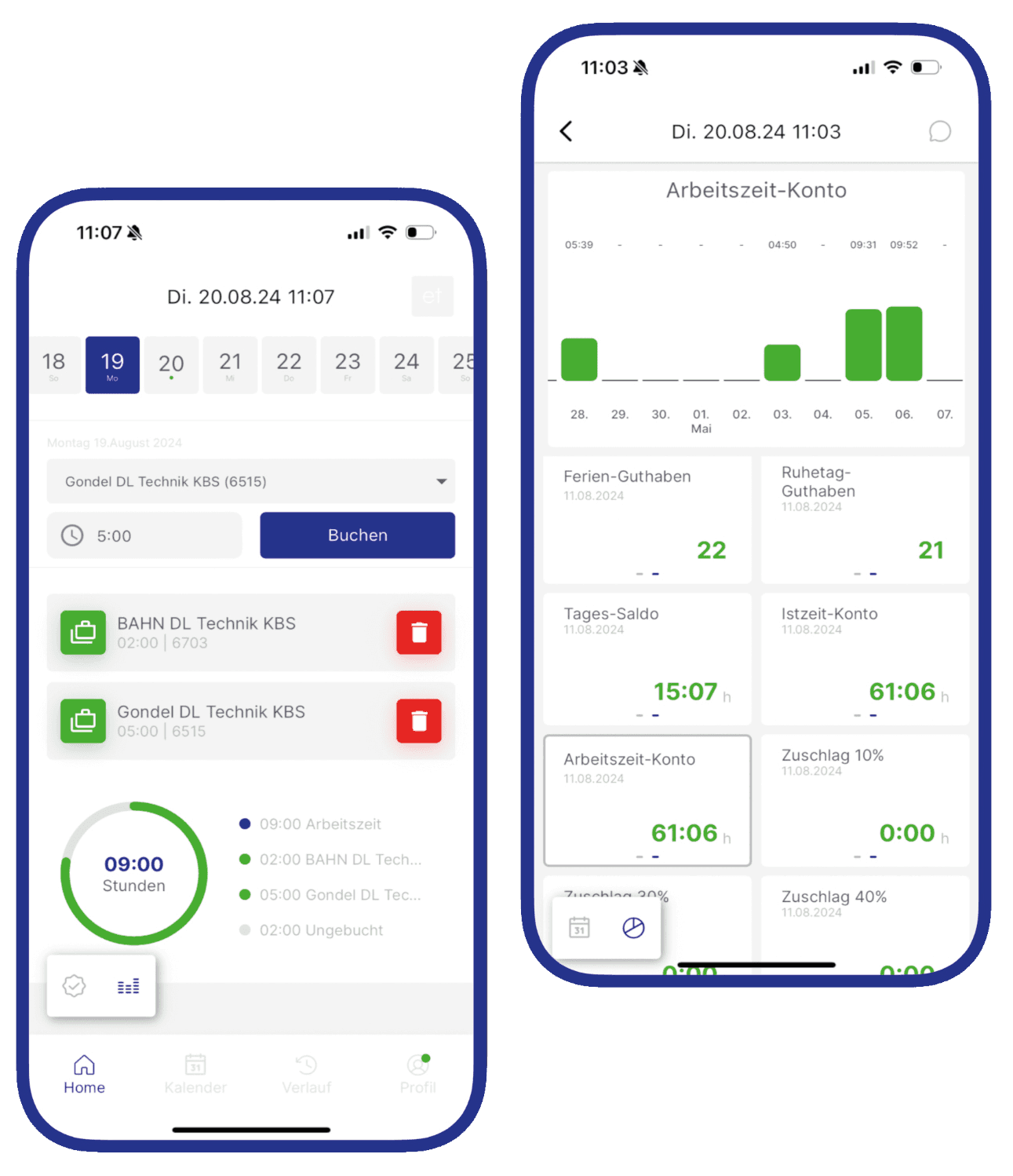 Personalplanungssoftware Eurotime installiert auf zwei mobile Phones mit offener Übersciht über die App