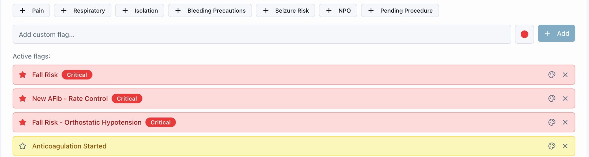 Critical flags: A starred flag is marked Critical and sits on red. Everything else stays yellow, so red keeps its meaning.