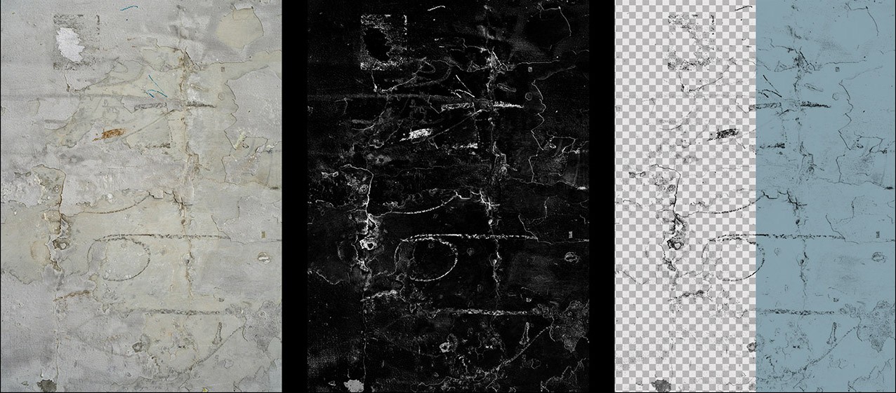 Grunge texture versions showing original color black and white negative and transparent positive PNG variations