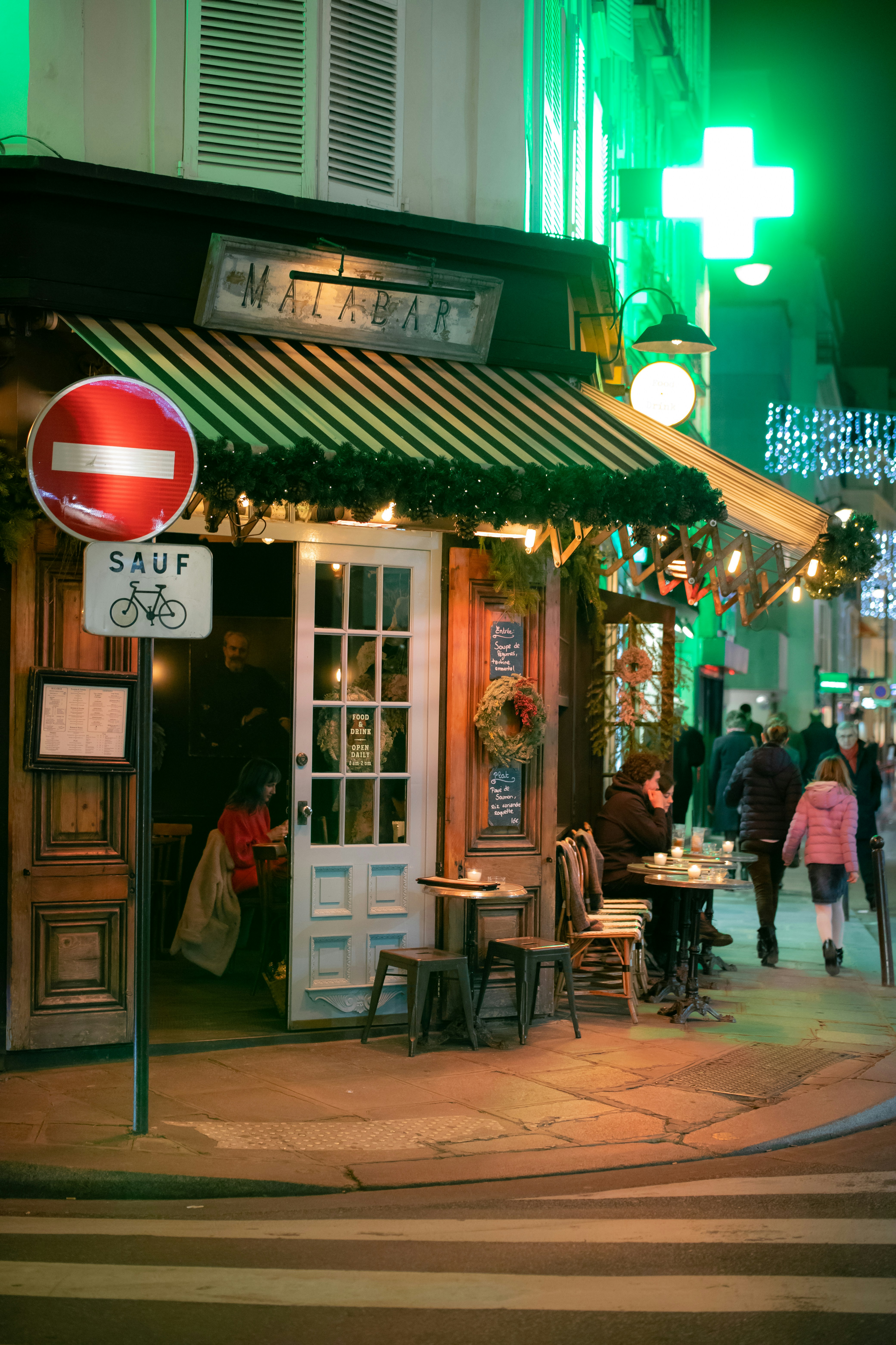 Paris pharmacy at night