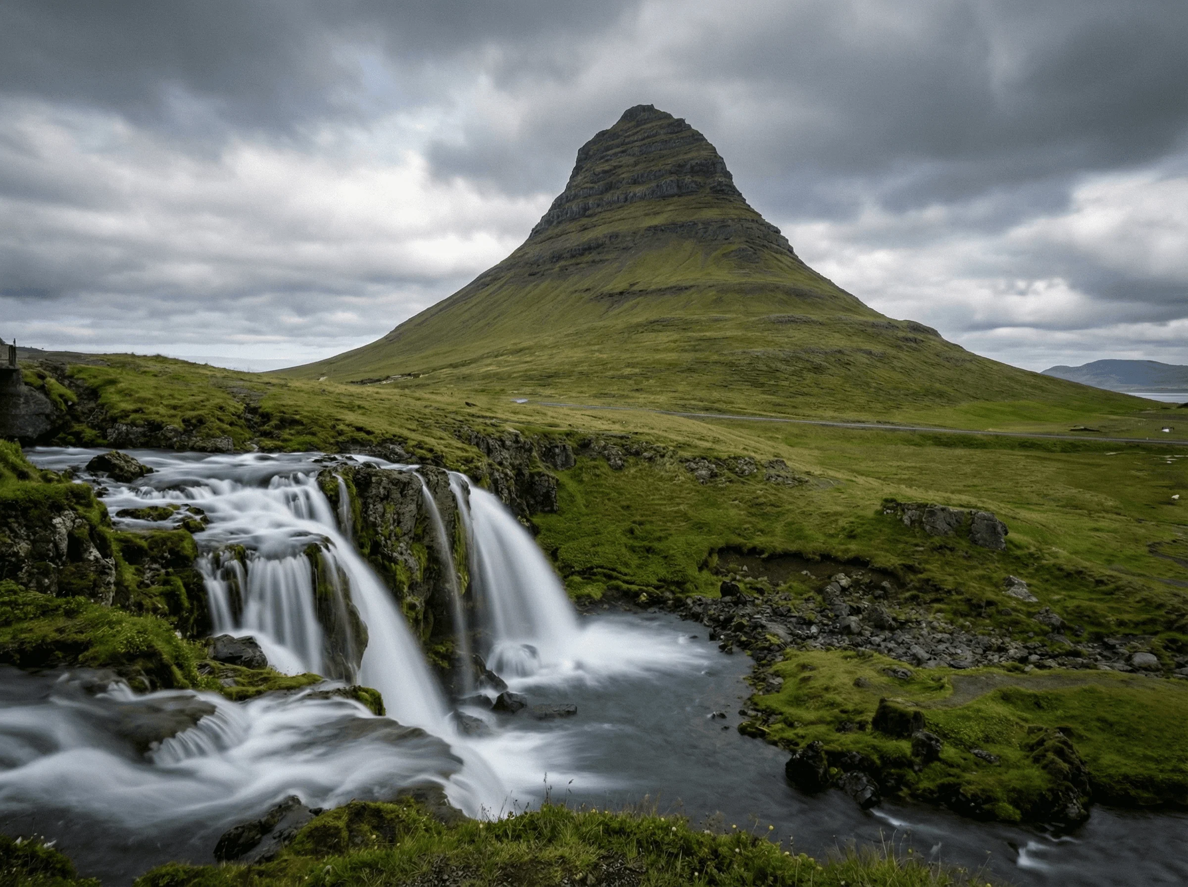 A distinct cone-shaped mountain rising above a cascading waterfall and green grassy hills under a cloudy sky.