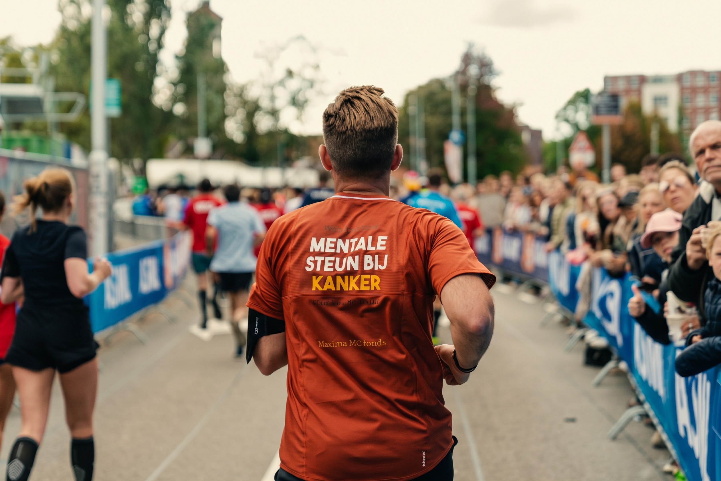 Hardloper in oranje shirt van achteren tijdens een wedstrijd met publiek langs de kant