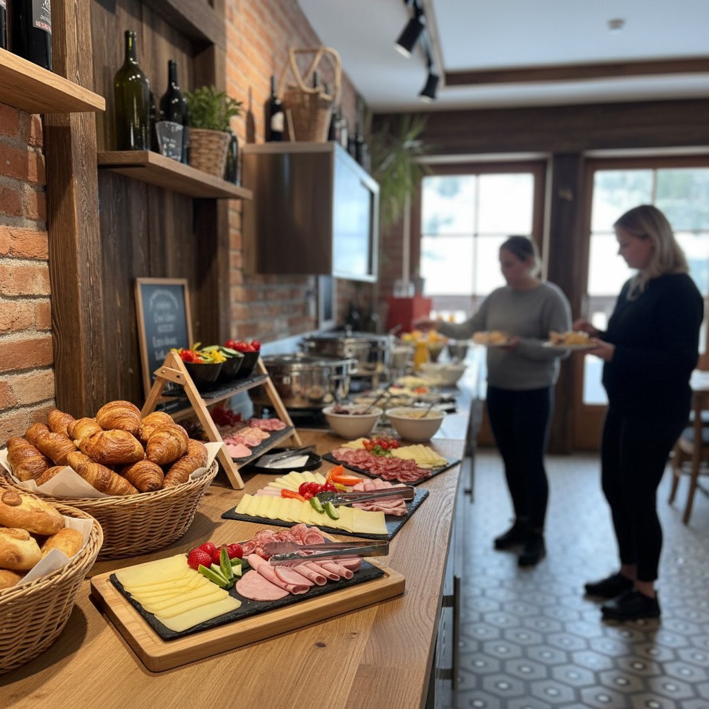 Gruppenfrühstück als Buffet mit Aufschnitt, Gemüse und Aufstrichen auf einem Holzständer serviert