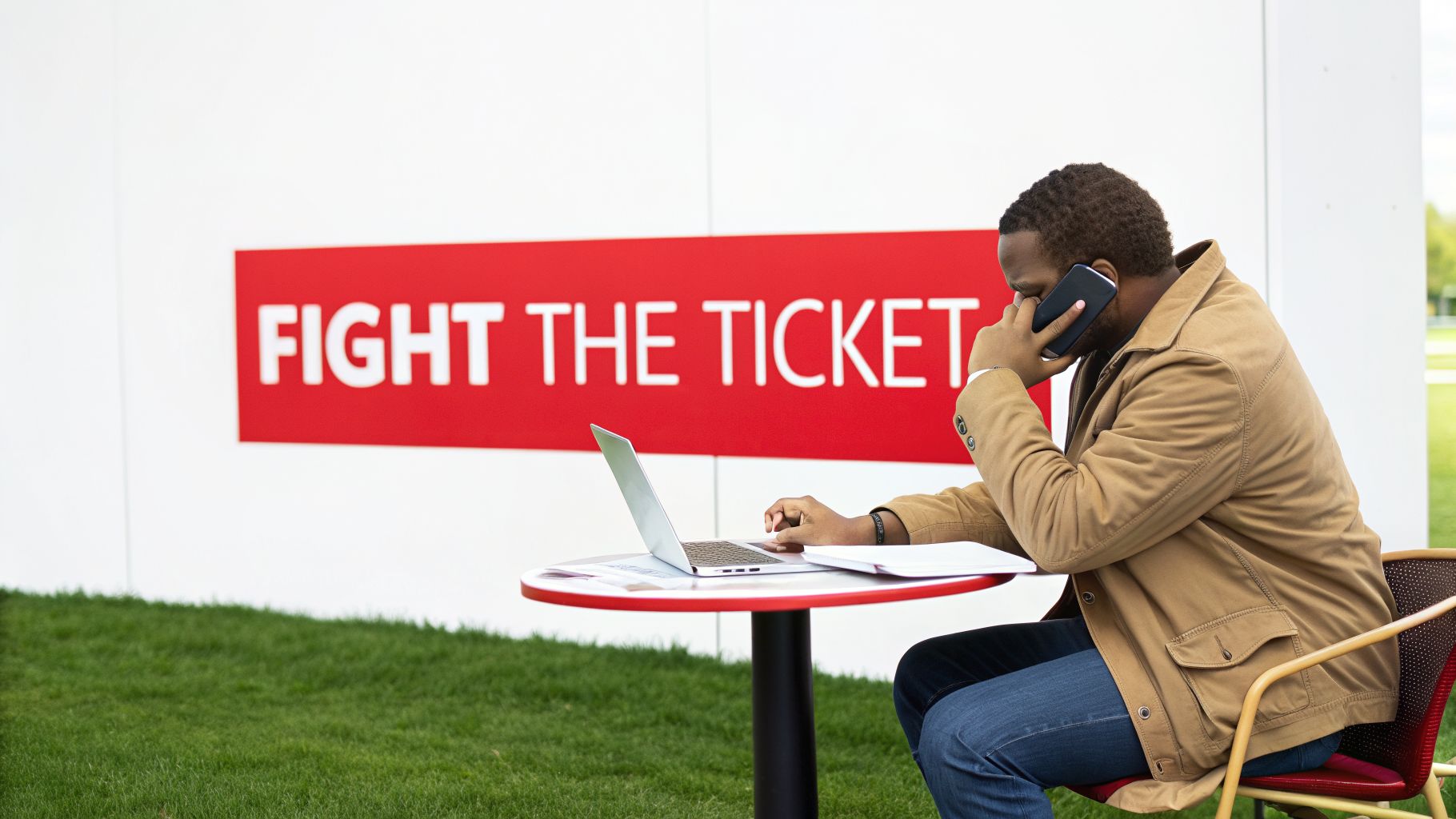 A man talks on the phone while working on a laptop with a 'FIGHT THE TICKET' sign behind him.