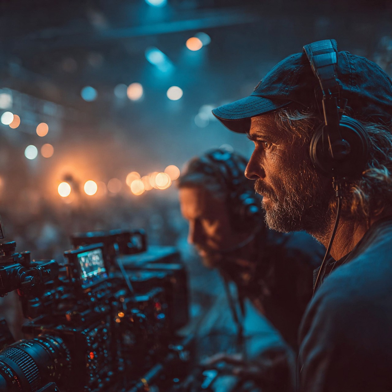 Filmmakers watching a monitor on set, with camera equipment and soft focus lights in the background. Close up shot.
