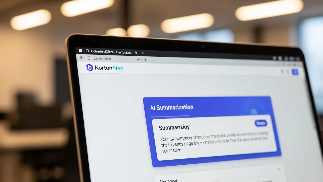 Close-up of Norton Neo browser interface highlighting AI summarization feature