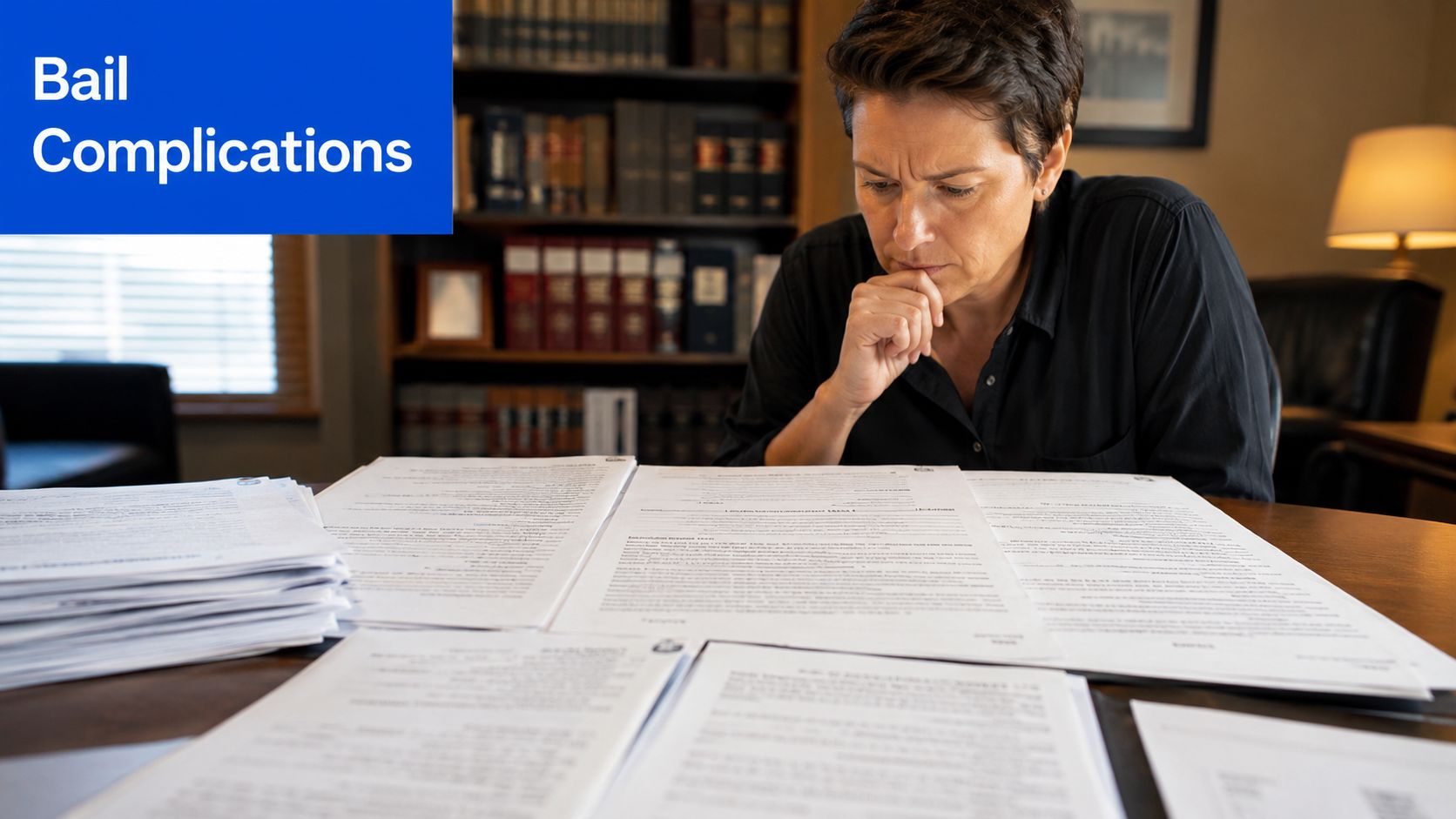 A focused professional reviewing stacks of complex legal paperwork regarding bail complications at a wooden desk.