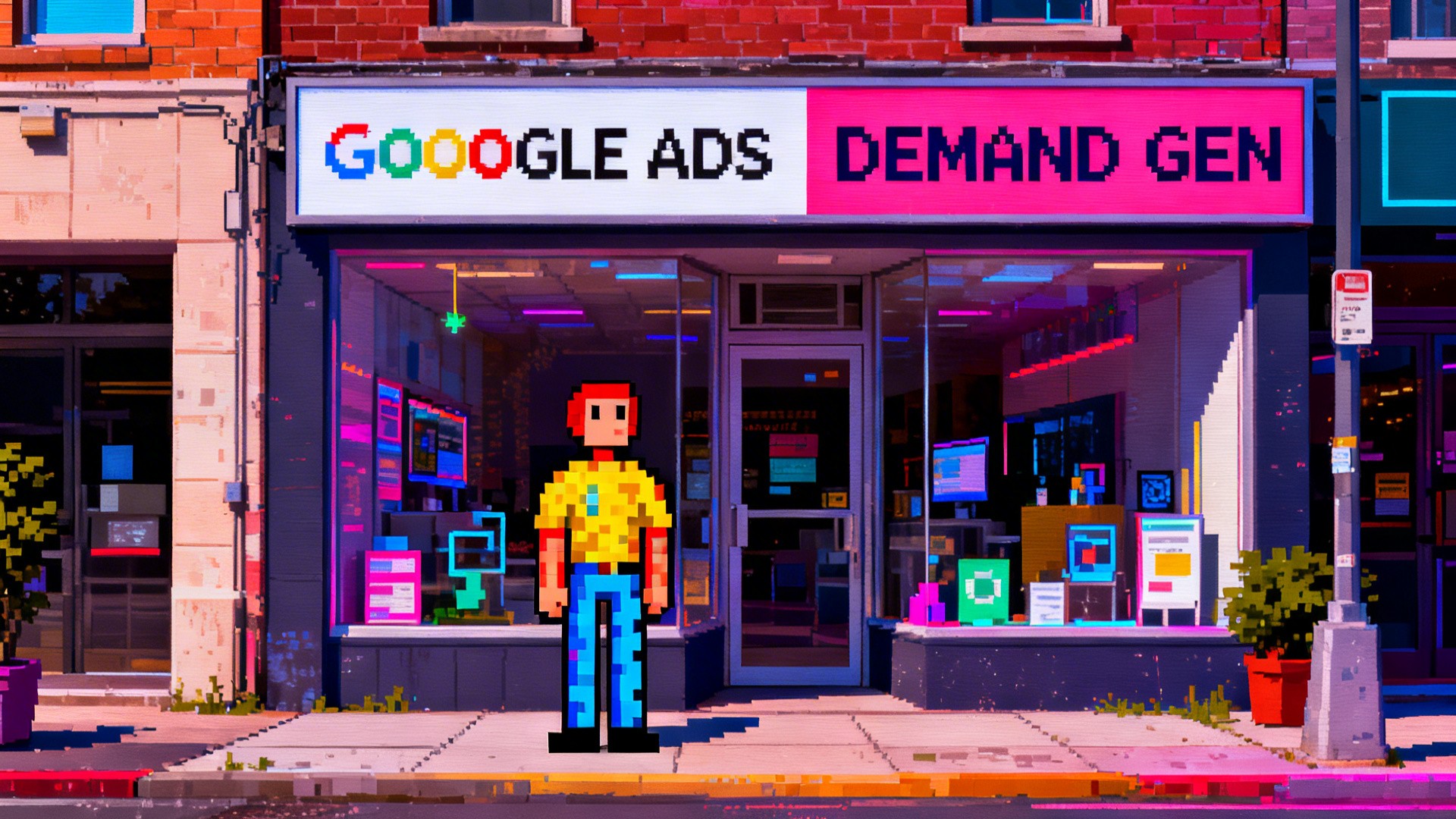 a surreal and vibrant cinematic photo of, Turn this photo into 8-bit retro video game style image. Maintain the exact text "GOOGLE ADS" and signage of the storefront, as well as DEMAND GEN