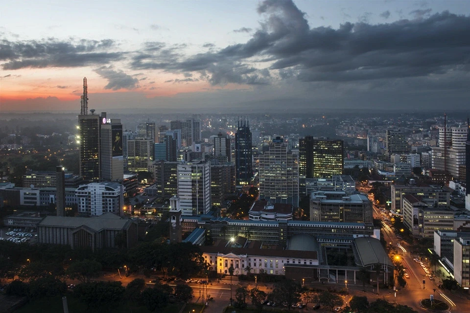 Modern city skyline at dusk