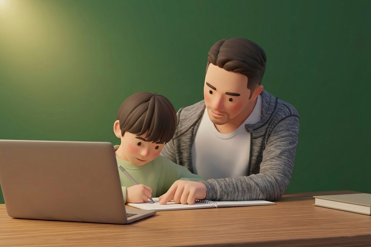 a father helping a child with homework