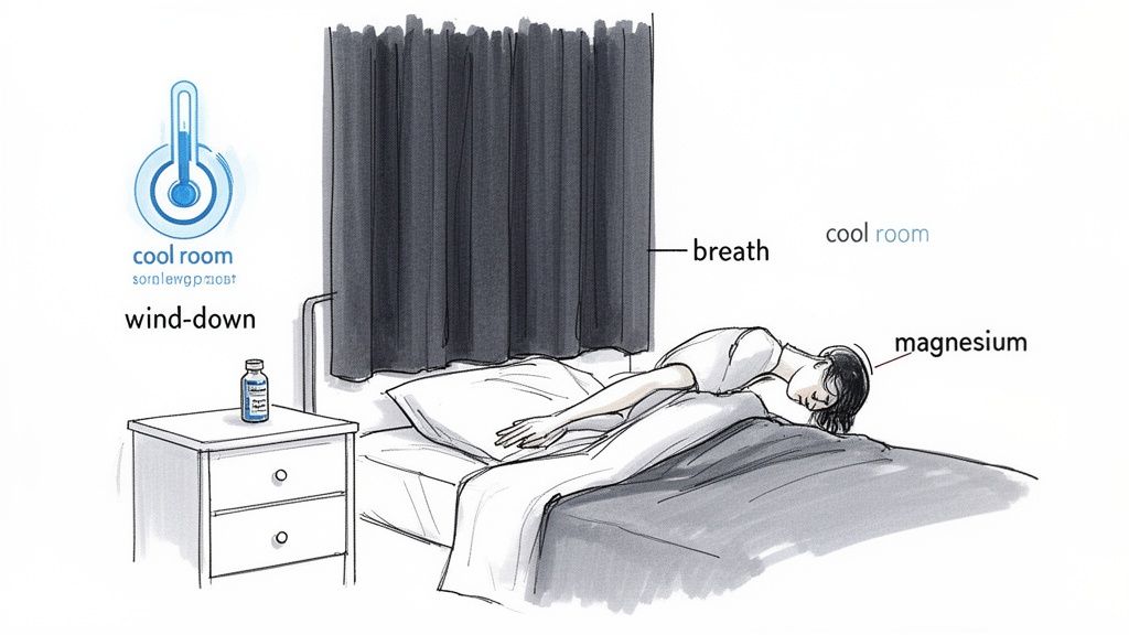 Illustration showing sleep hygiene tips: cool room, wind-down, breath, and magnesium supplements.