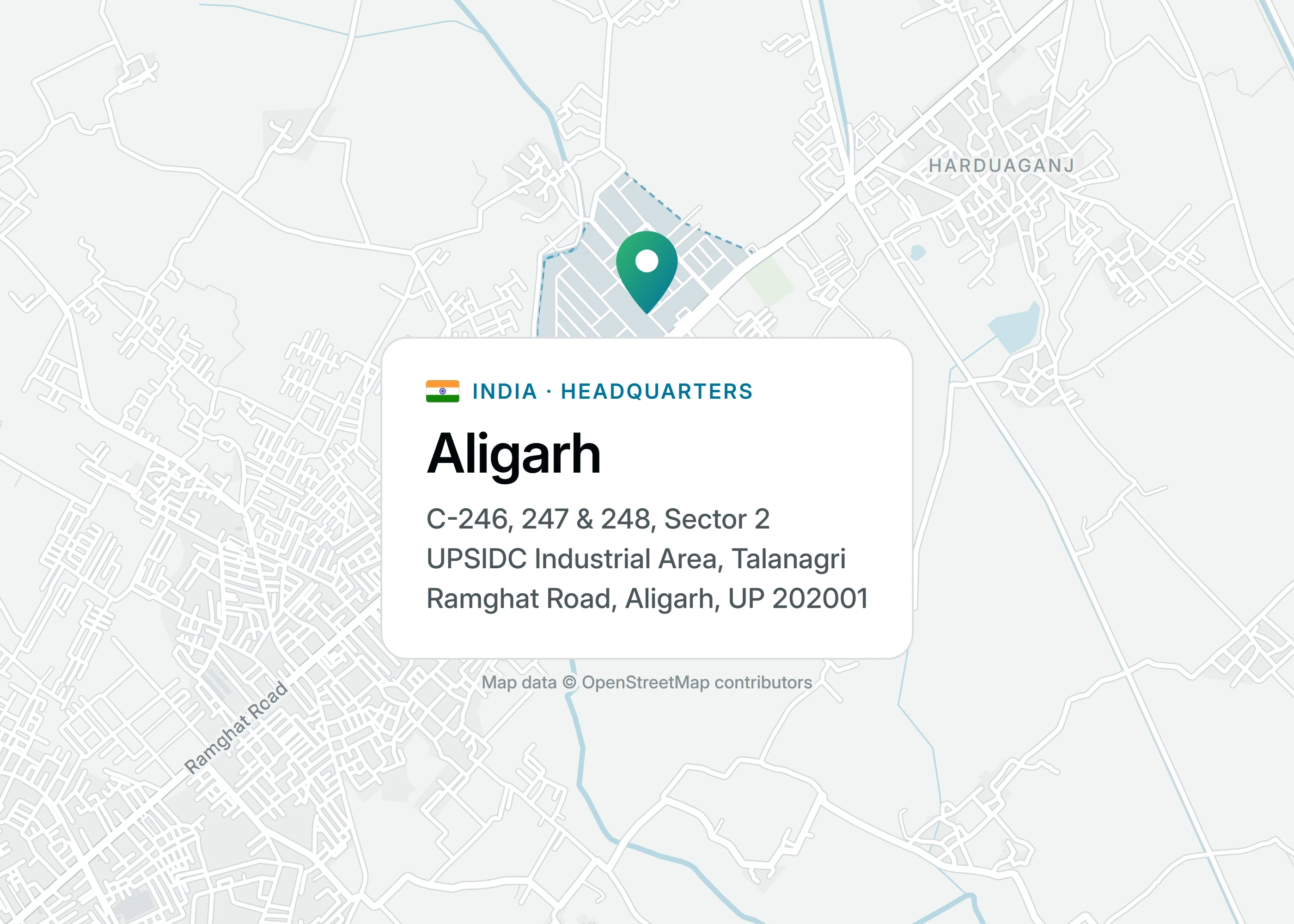 Map of our Aligarh headquarters: C-246, 247 & 248, Sector 2, UPSIDC Industrial Area, Talanagri, Ramghat Road, Aligarh, Uttar Pradesh 202001, India