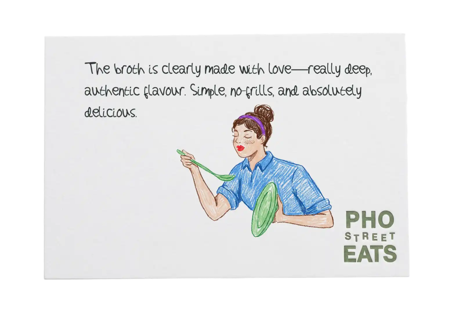Pho Street Eats review card illustrated with a woman tasting soup, praising the broth.