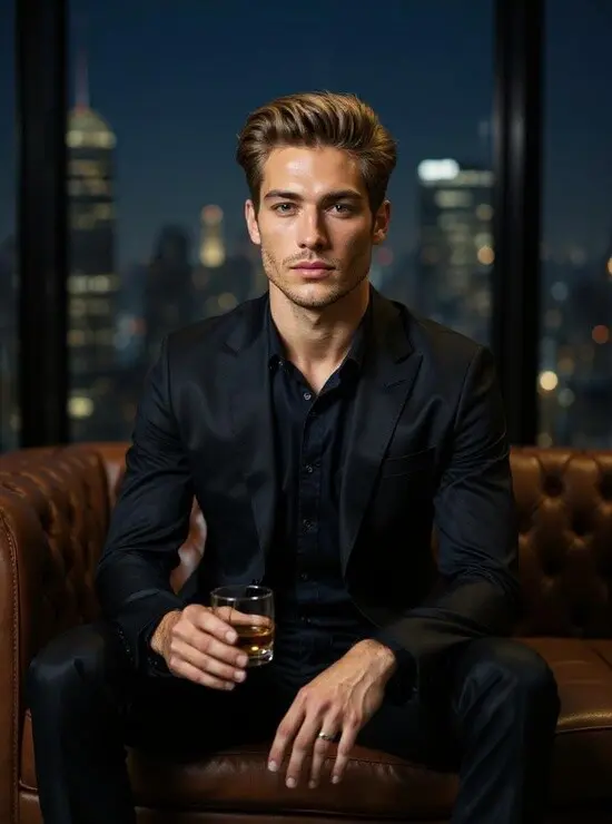 Elegant businessman with whiskey on a leather sofa, created using ai money generator.