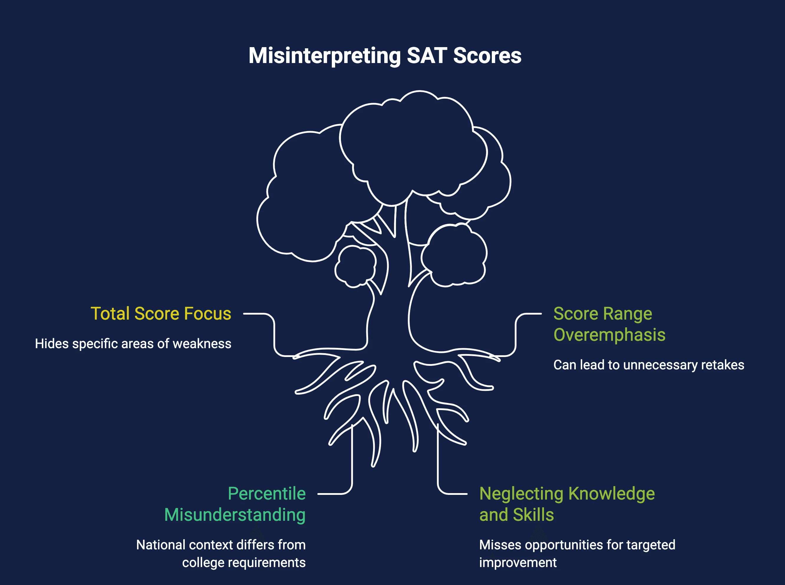  Diagram illustrating the components of the SAT score report, including total score, section scores, and performance areas.