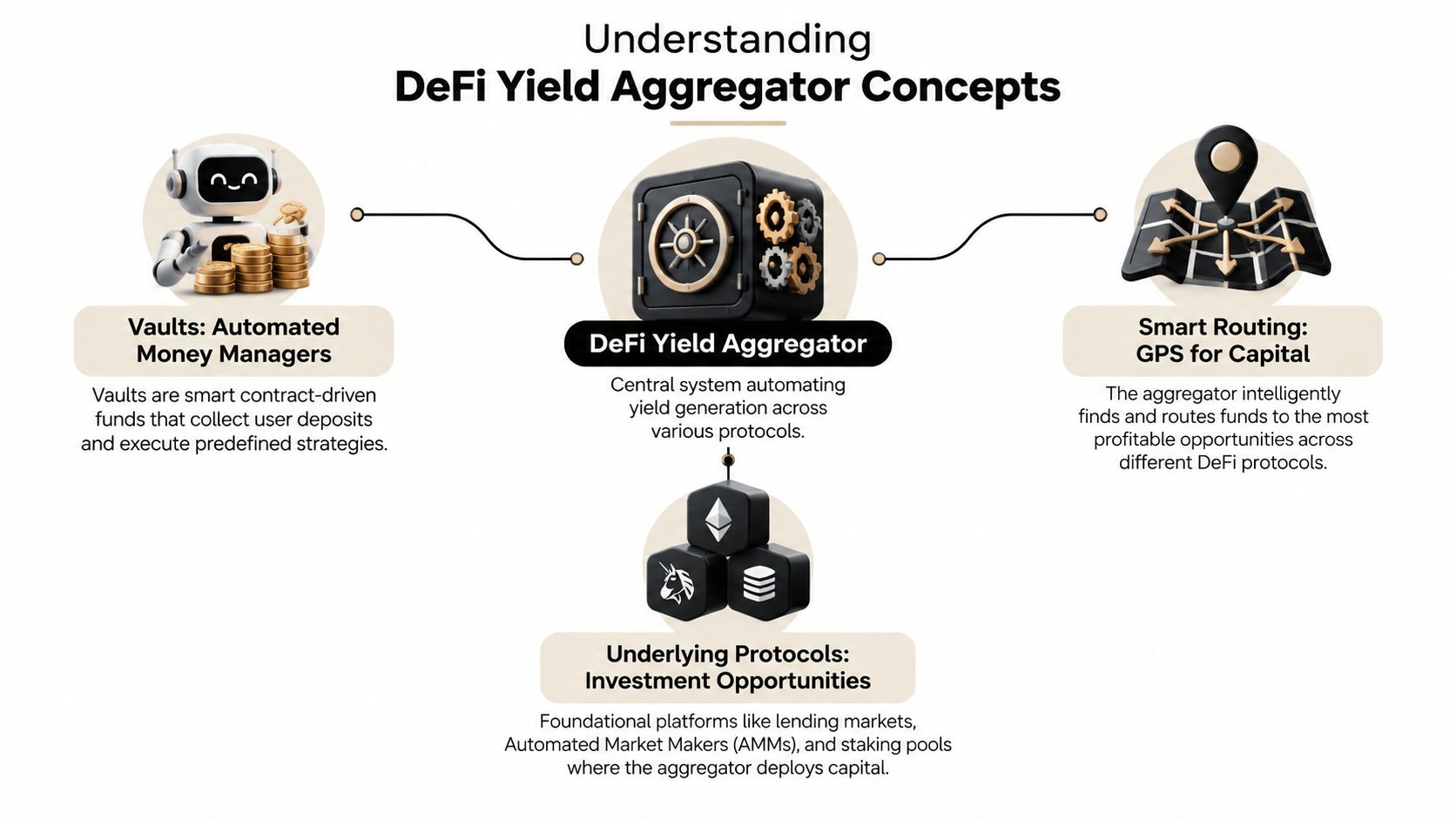 A diagram illustrating DeFi yield aggregator concepts including vaults, smart routing, and underlying investment protocols.
