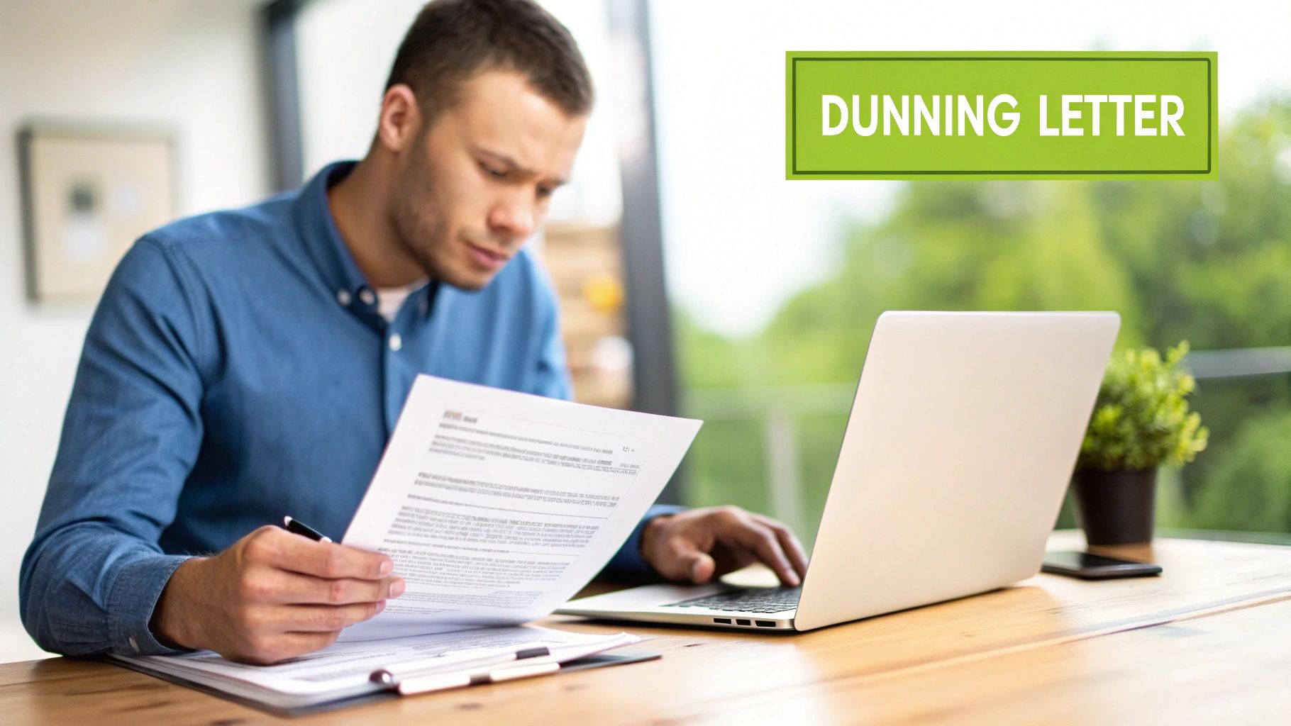 A man reading a dunning letter while working on a laptop at a desk in a bright room.