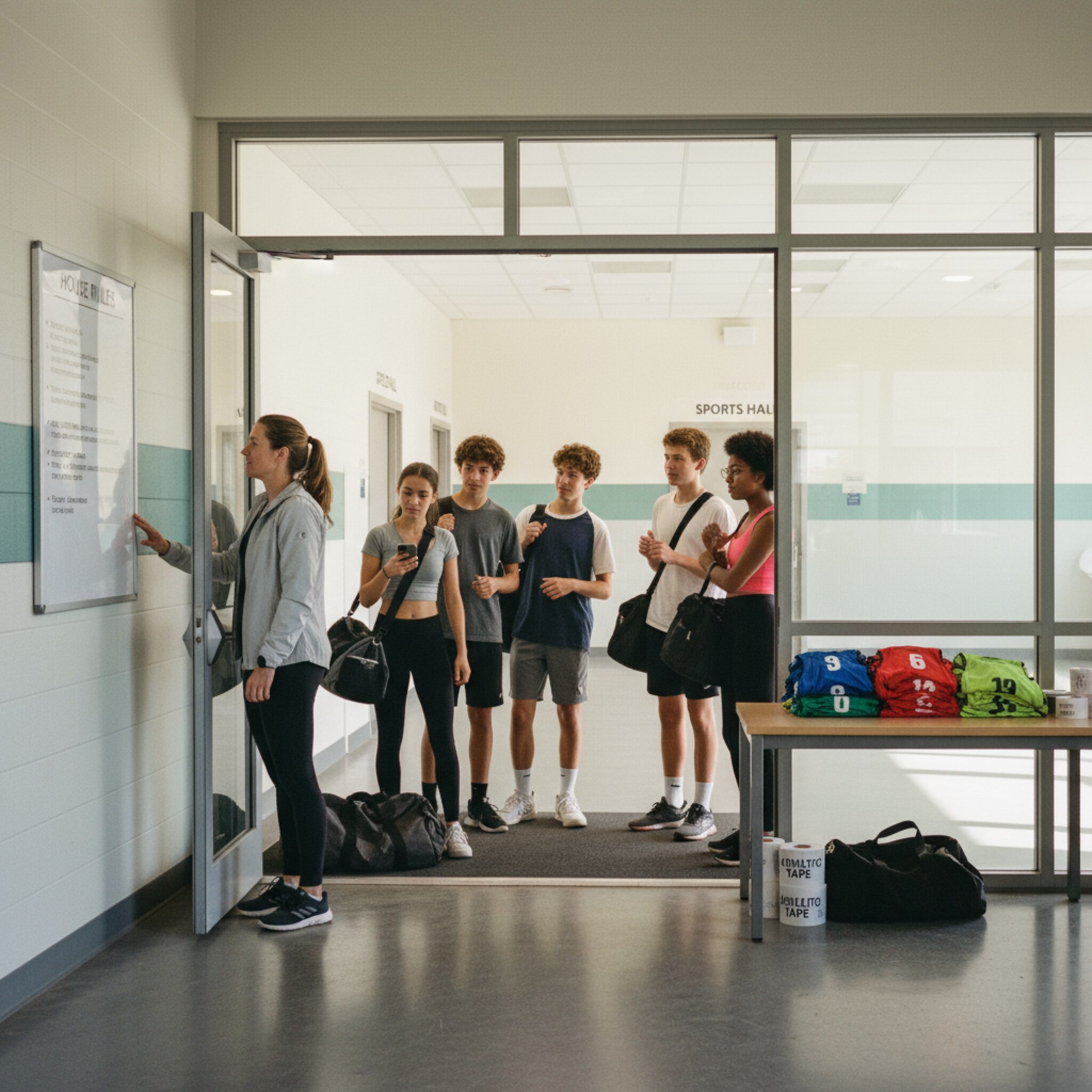Vor dem Eingang der Sporthalle wartet eine kleine Gruppe mit Sporttaschen. Eine Trainerin liest die aushängenden Hausregeln, nickt den Jugendlichen zu und öffnet die Tür. Im Foyer liegen nummerierte Leibchen und Klebebänder bereit. Der Start wirkt unkompliziert und gut organisiert.