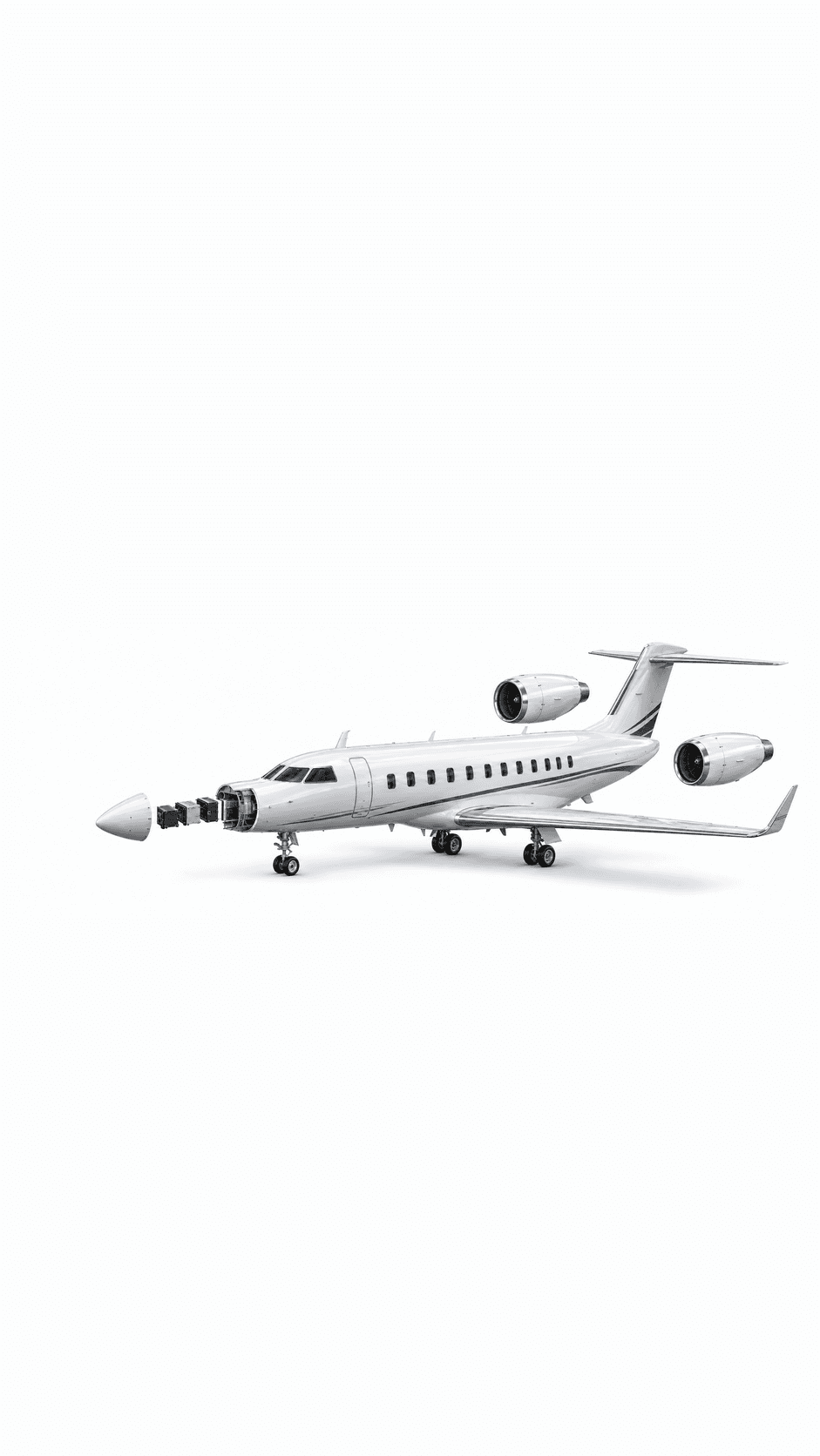 Business jet shown with selected aircraft components