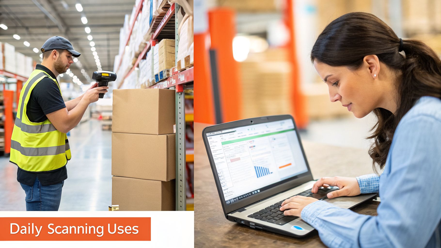 A man scans boxes with a handheld scanner in a warehouse, while a woman manages inventory data on a laptop.