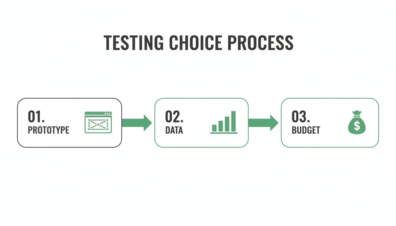 A flowchart outlining the three steps of a testing choice process: prototype, data, and budget.