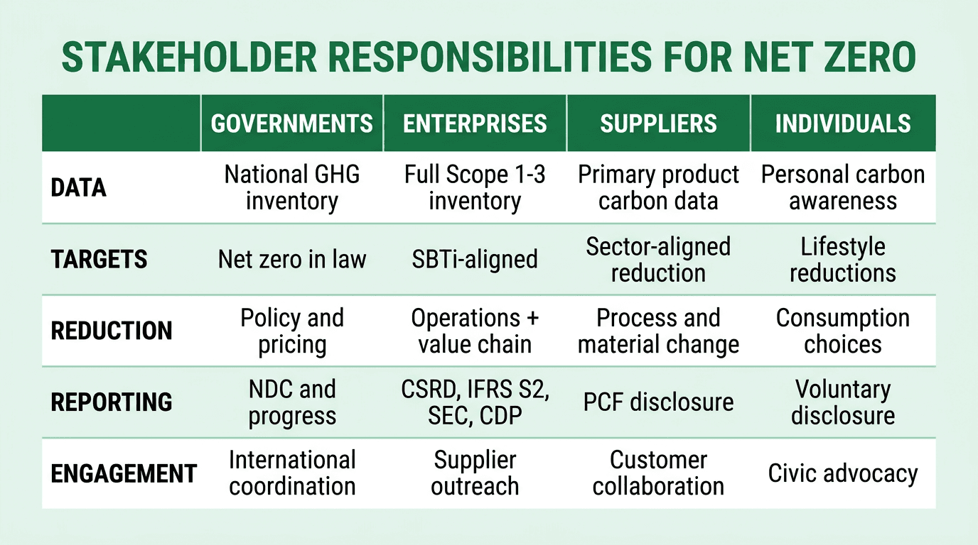 Stakeholder responsibilities matrix showing actions for governments, enterprises, suppliers, and individuals across data, targets, reduction, and disclosure.
