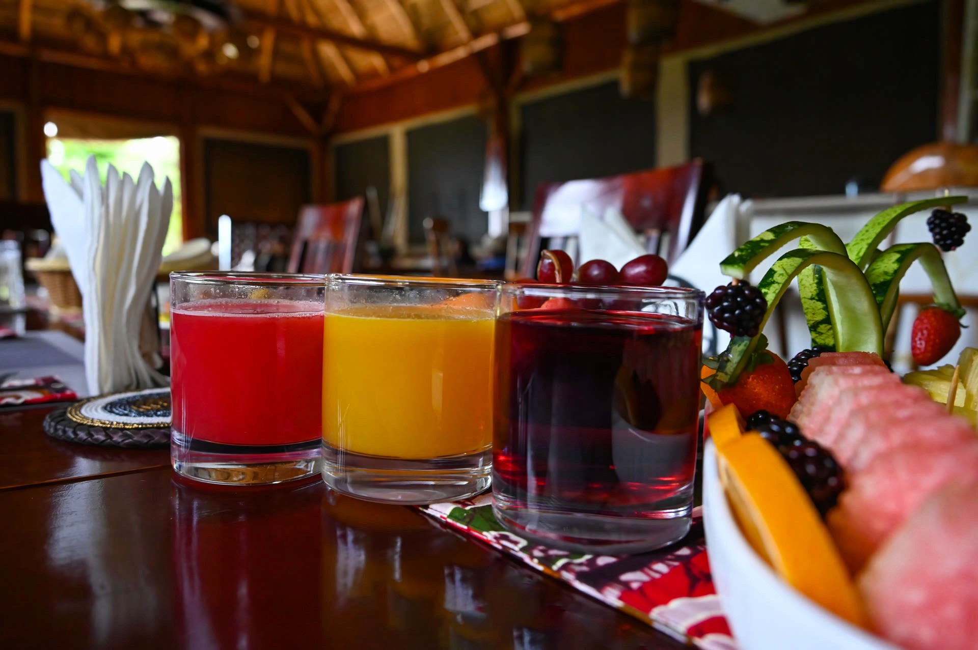 Fresh juices and fruit at breakfast