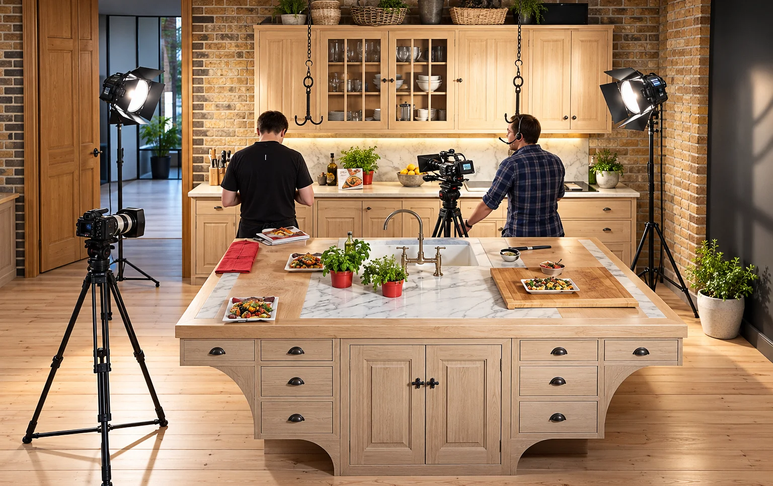 Wide shot of rustic kitchen film set with crew and lighting for Aafiyah food content production managed by MediaReach