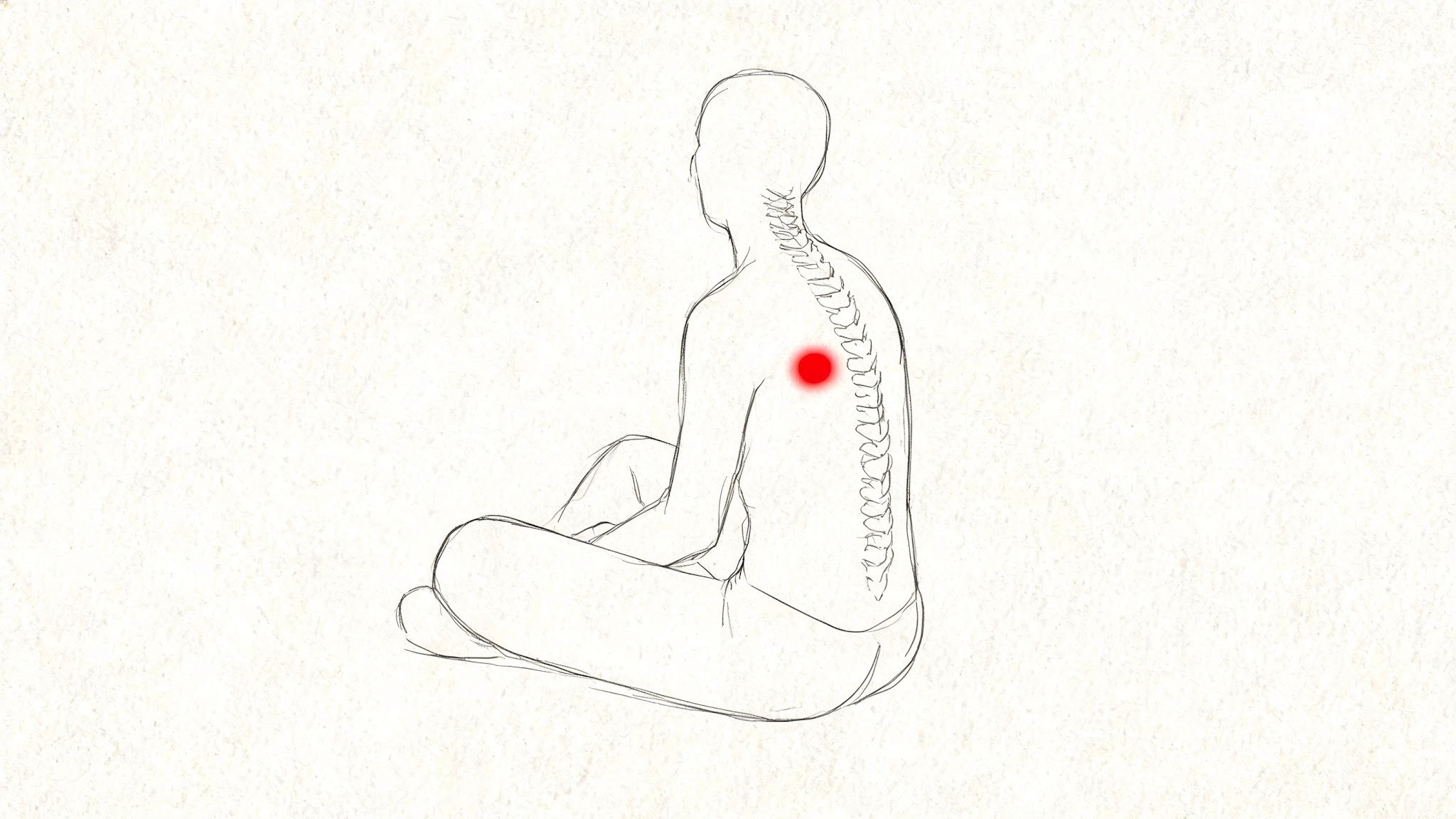 A line drawing of a person sitting with a highlighted red spot indicating upper back pain