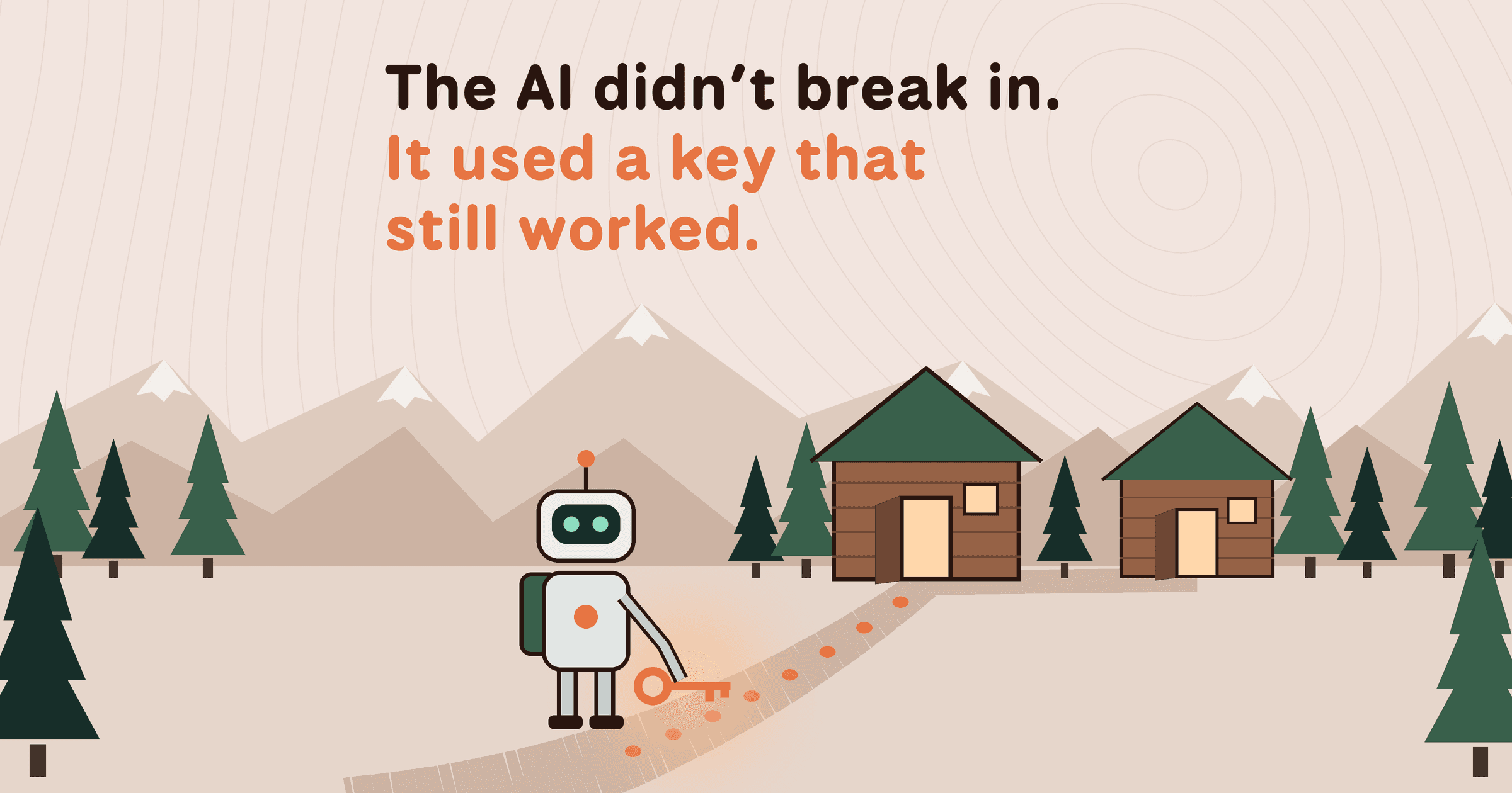 Illustration: a robot hiker on a mountain trail picks up a glowing key, and the trail leads to two cabins with open doors. Headline: The AI didn’t break in. It used a key that still worked.