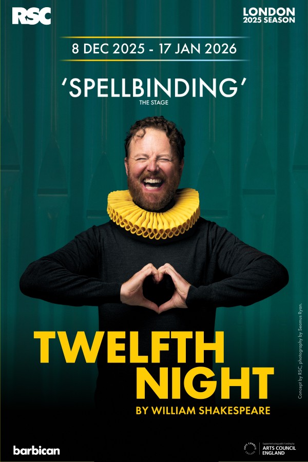 Actor in a ruff collar promoting Shakespeare's "Twelfth Night" play.