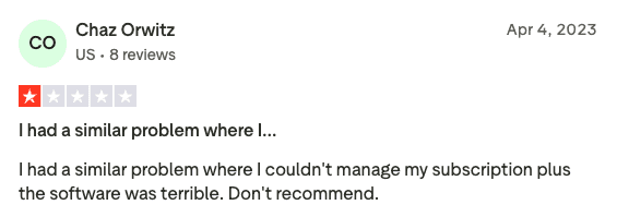 User stating that Video Ad Vault Tubesift is a terrible software and doesn't let users manage their subscription