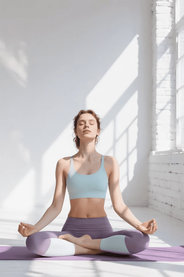 A woman in a light blue top sitting and meditating indoors as warm sunlight streams through a window grid.