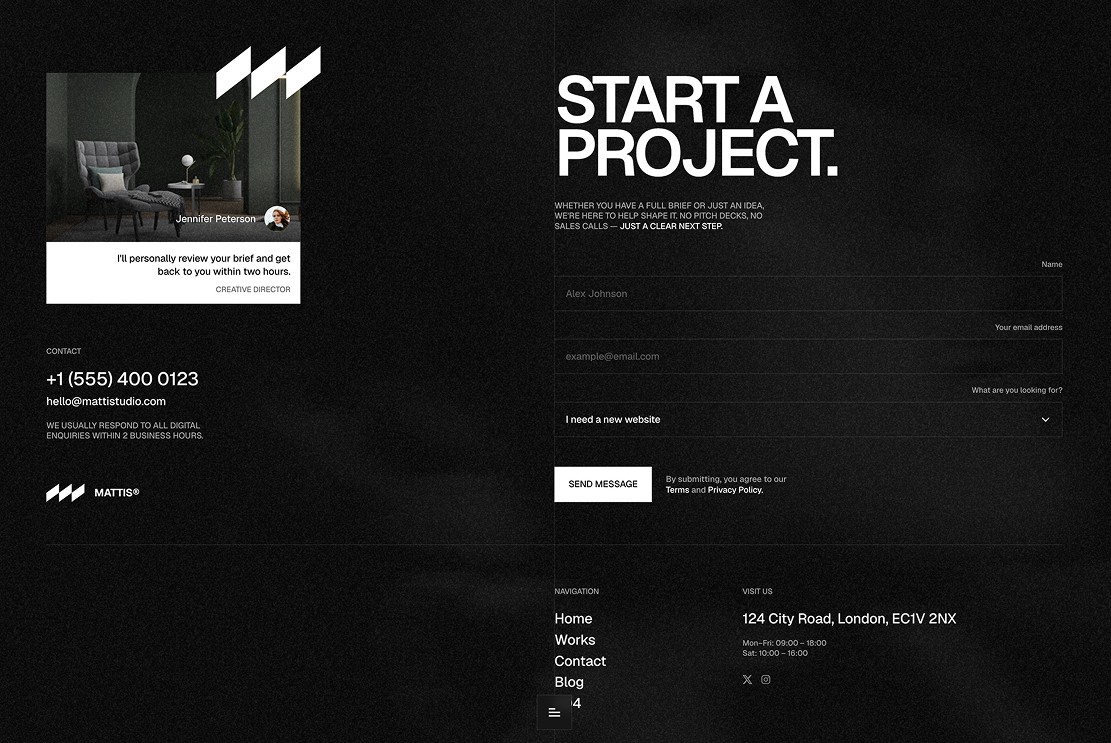 A contact section headed Start a Project, with a quick response promise and a simple enquiry form, in the Mattis Framer template.