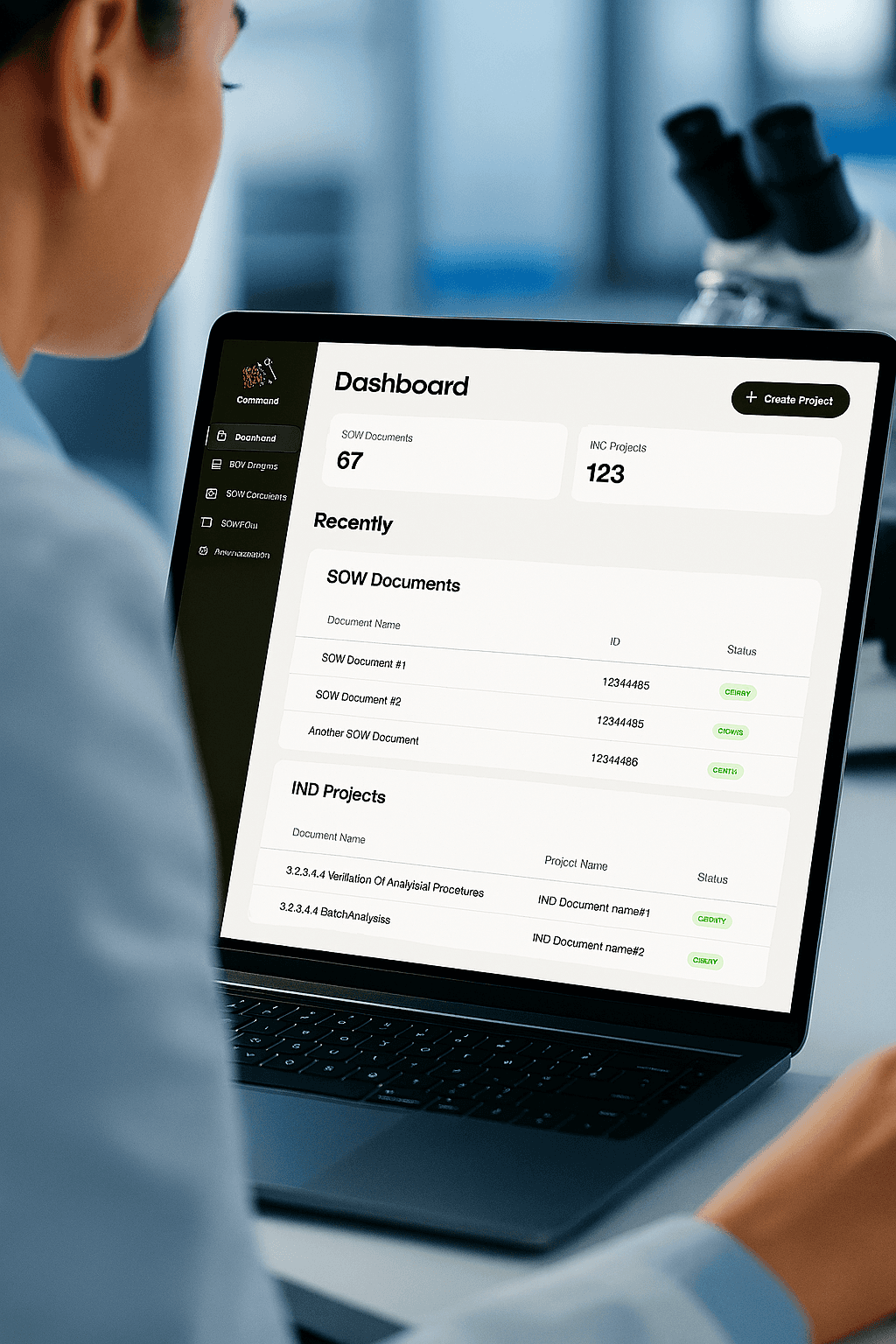 Laboratory scientist conducting research with a microscope, representing the scientific foundation of IND submissions supported by AI‑assisted regulatory writing.