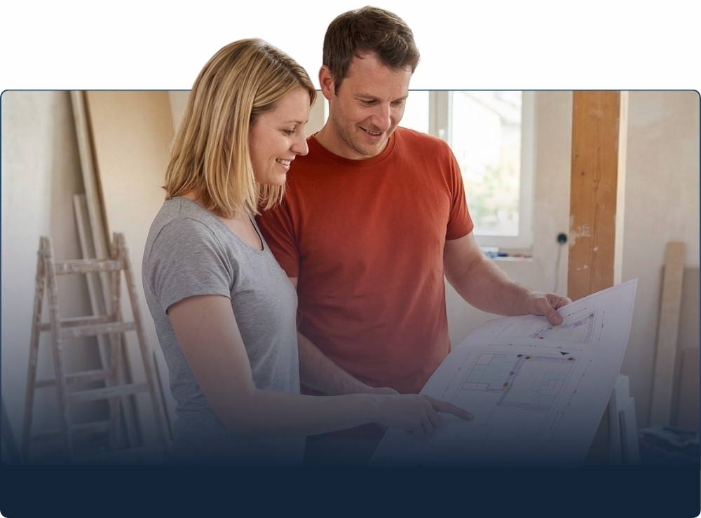 Ein Pärchen schaut sich einen Montageplan an.