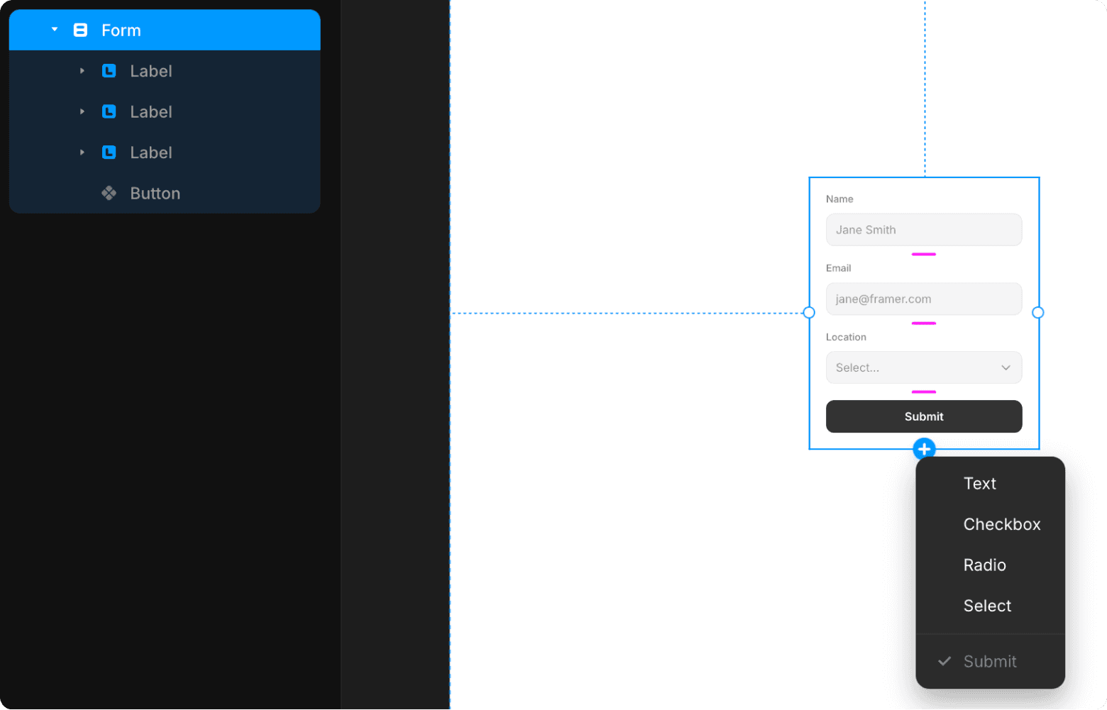 Framer form's input categories selction