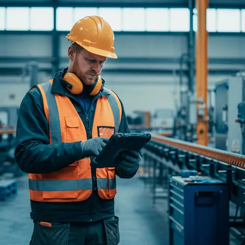 Frontline worker in a manufacturing plant reviewing instructions on a tablet during routine operations.