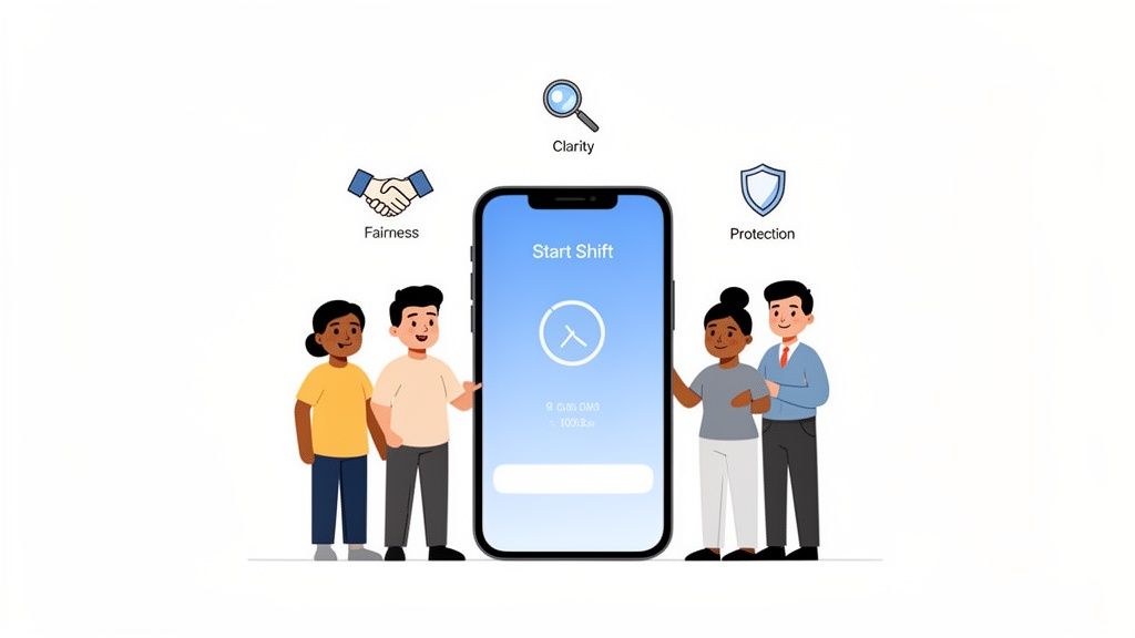 Diverse team using a mobile app for shift management, emphasizing fairness, clarity, and protection.