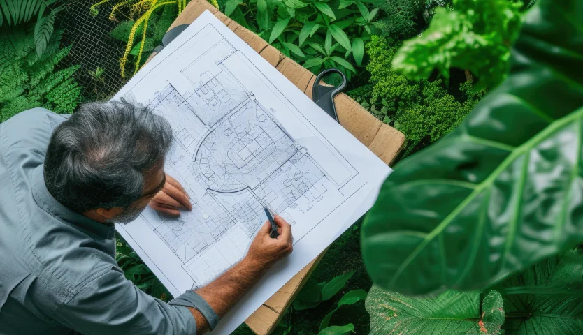 Landscape designer creating garden blueprint