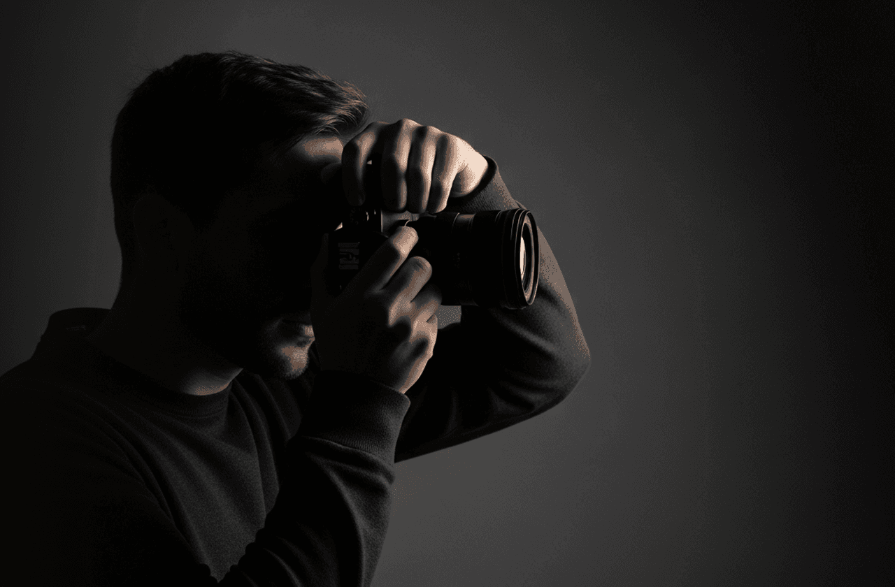Silhouette of a person using a camera. Photographer taking photos with a professional DSLR camera in low light setting.